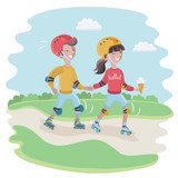 Boy and girl, wearing a helmet, knee pads, elbow pads is roller-skate