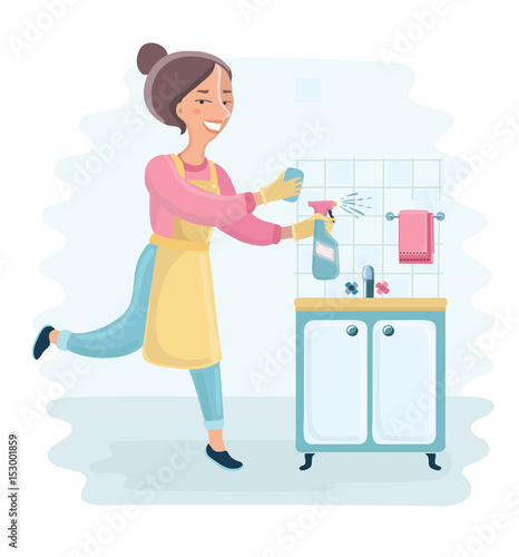An illustration of a beautiful housewife holding cleaning spray