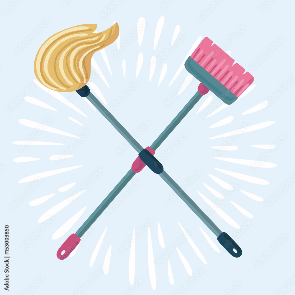 Cartoon illustration of mop and broom isolated. Cleaning symbols