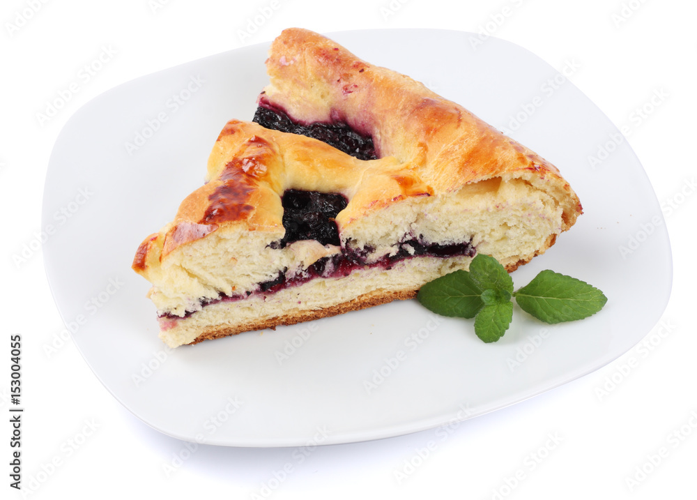 cake with blackberry on plate isolated on white background cake with blackberry on plate isolated on white background