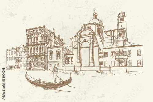 Vector sketch of Grand canal and San Geremia Church (Chiesa di San Geremia) in Venice, Italy. Retro style.