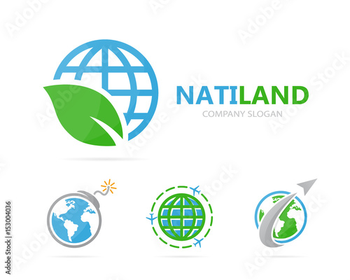 Vector of planet and leaf logo combination. World and eco symbol or icon. Unique globe and organic logotype design template.