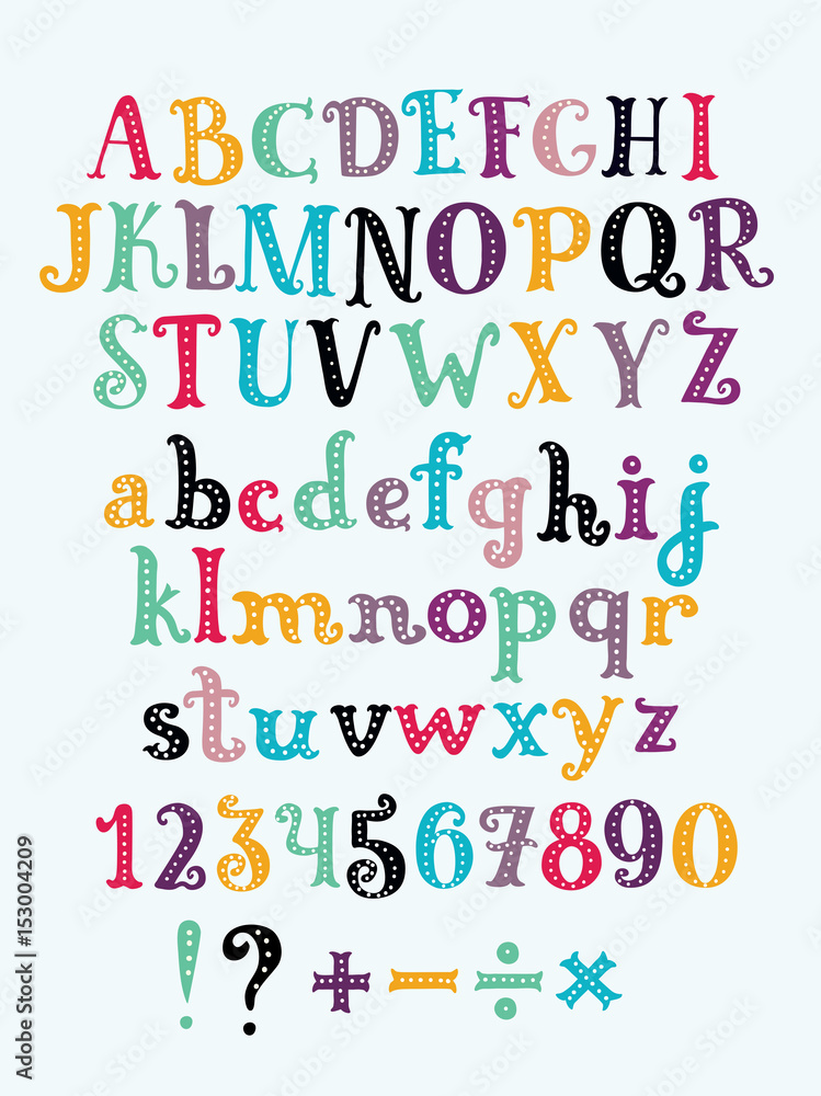 Vector cute alphabet colorful sticker alphabet with number and plus