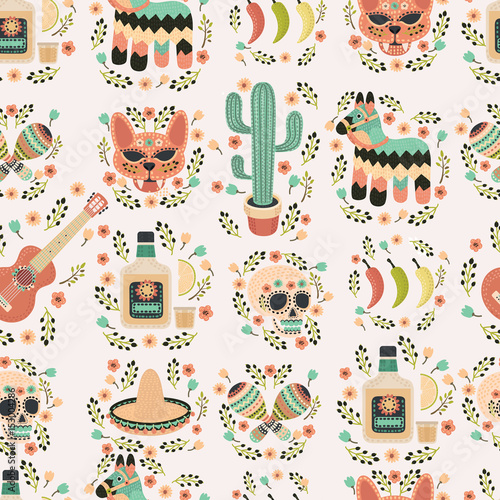 Cartoon hand-drawn latin american, mexican seamless pattern. 