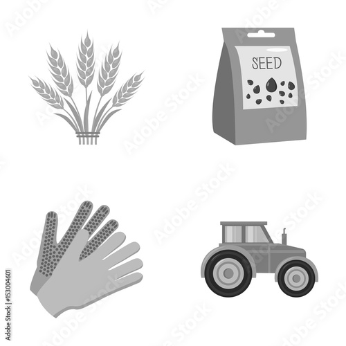 Spikelets of wheat, a packet of seeds, a tractor, gloves.Farm set collection icons in monochrome style vector symbol stock illustration web.