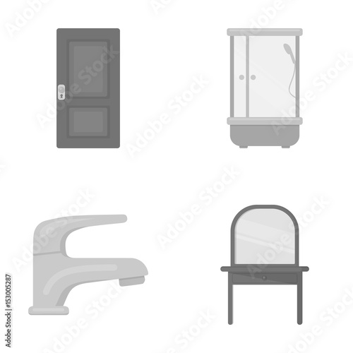 Door, shower cubicle, mirror with drawers, faucet.Furniture set collection icons in monochrome style vector symbol stock illustration web.