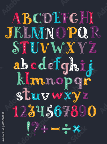Vector color cartoon serif alphabet. Hand drawn letters isolated on dark background. Colorful vector illustration. Design elements for scrapbooking.