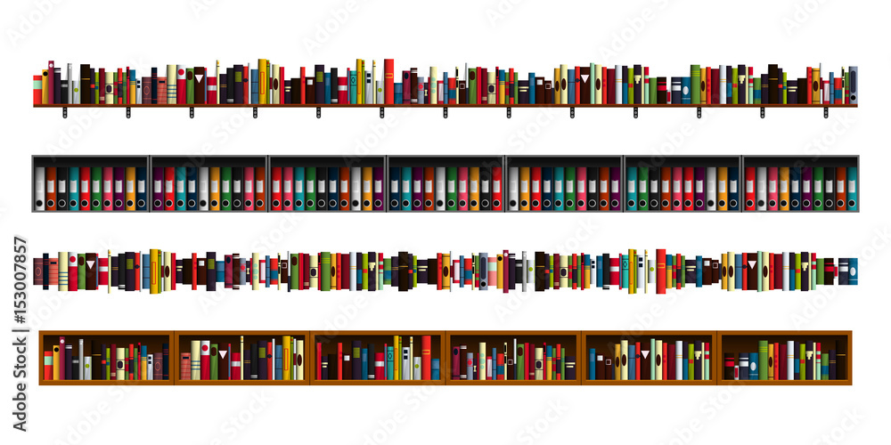 Vertically seamless book shelves border design elements set. Vector