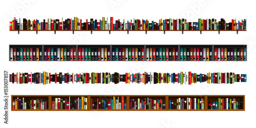 Vertically seamless book shelves border design elements set. Vector illustration bookshelves divider for advertisement, web, game. Paper book, reading, education, office archive, library borders.
