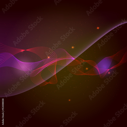 Abstract smooth wave, light and sparkle on dark red background. Vector special effects, curve flow smoke, a wave motion illustration. Template for vip banners, invitation or cover.