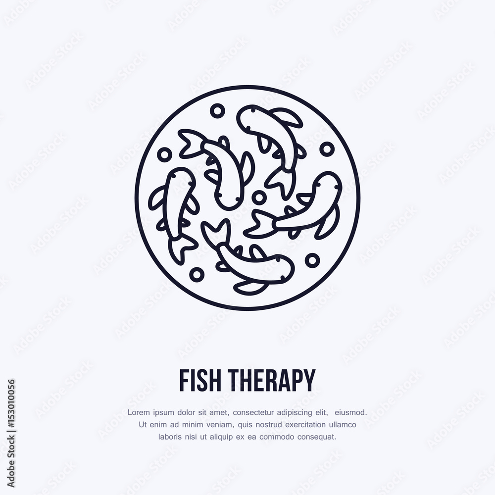 Fish therapy vector line icon. Spa peeling service flat logo. Natural skin treatment. Fish therapy vector line icon. Spa peeling service flat logo. Natural skin treatment.