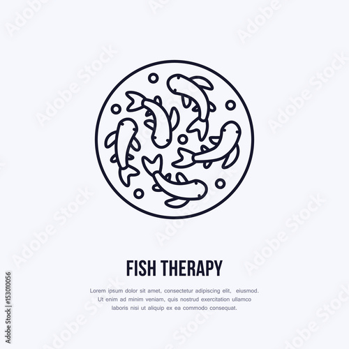 Fish therapy vector line icon. Spa peeling service flat logo. Natural skin treatment.