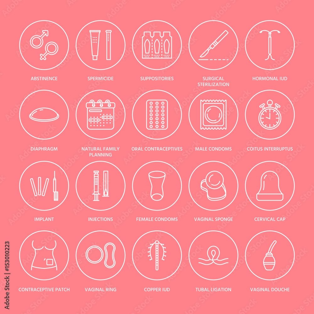 Contraceptive methods line icons. Birth control equipment, condoms, oral contraceptives, iud, barrier contraception, vaginal ring, sterilization. Safe sex thin linear signs for medical clinic. Contraceptive methods line icons. Birth control equipment, condoms, oral contraceptives, iud, barrier contraception, vaginal ring, sterilization. Safe sex thin linear signs for medical clinic.