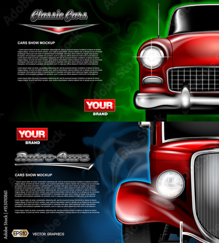 Digital vector red old retro car close up mockup, ready for print or magazine design. Your brand, auto show and exhibition, lights on. Black background, blue and green fog. Transparent, realistic 3d
