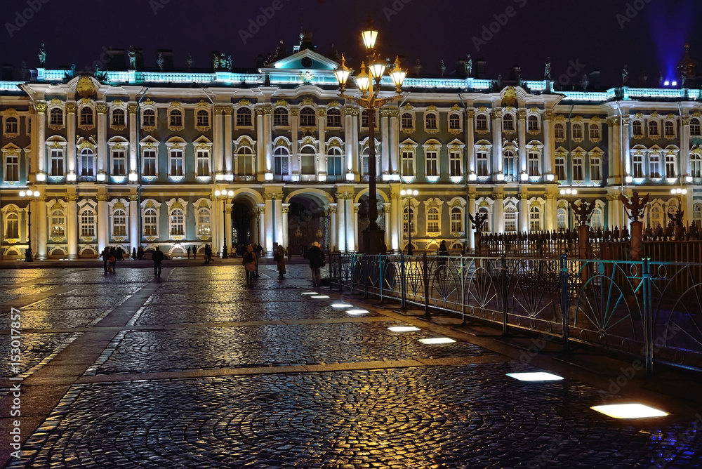 The winter Palace illuminated at night in the rain. Saint Petersburg