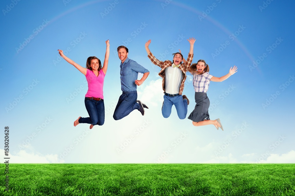 Composite image of full length of friends jumping Composite image of full length of friends jumping