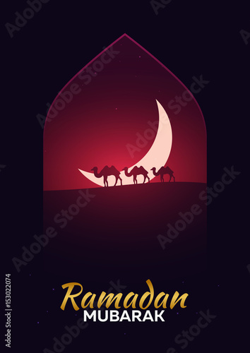 Ramadan Kareem. Ramadan Mubarak. Greeting card. Arabian night with Crescent moon and camels. photo