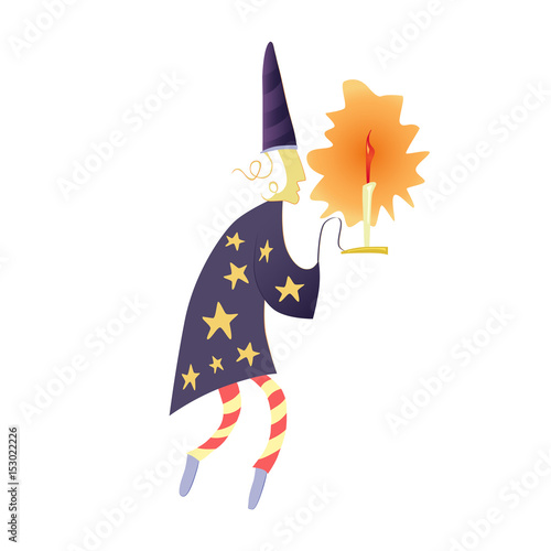 A stargazer or a wizard with a candlestick in a hood and a robe with stars. Artistic illustration for children's books, fairy tales. Kind fairy magical character