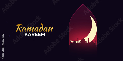 Ramadan Kareem. Ramadan Mubarak. Greeting card. Arabian night with Crescent moon.