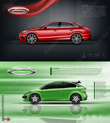Digital vector red and green model sedan car with black windows mockup, your brand, ready for print ads or magazine design. Dark background with ribbon. Transparent and shine, realistic 3d style