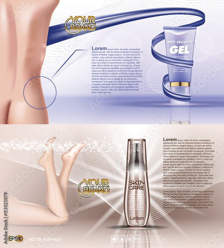 Digital vector blue violet anti cellulite skin care and legs cosmetic container mockup with gel, your brand, for print ads design. Female back. Transparent and shine, realistic 3d style