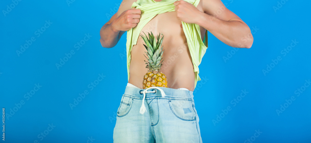 Pineapple. Portrait of funny man with great pineapple. Fruits. Summer time. Summer concept. Fashion. Sexy couple. Love fruits. Sexy man body. Denim jeans. Erotic game. Hot guy. Beauty photo. Sensual Stock Photo | Pineapple. Portrait of funny man with great pineapple. Fruits. Summer time. Summer concept. Fashion. Sexy couple. Love fruits. Sexy man body. Denim jeans. Erotic game. Hot guy. Beauty photo. Sensual Stock Photo |