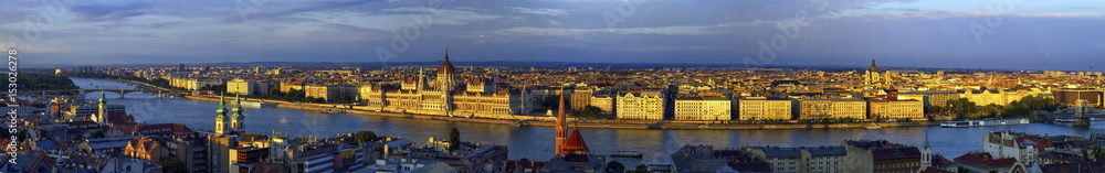 Aerial panoramic view of Danube and Budapest city, Hungary
