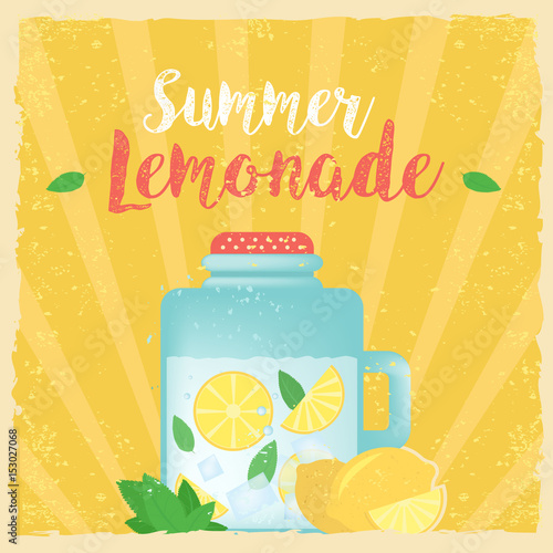 Colorful vintage Lemonade label poster vector illustration. Summer background. Effects poster  frame  colors background and colors text are editable. Happy holidays card  happy vacation card.