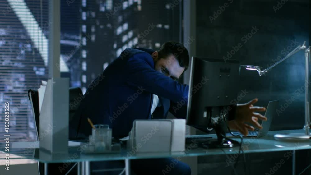 Late at Night Businessman Looses Temper Throws Everything Of His Table. He Works in a Private Office with Big City Window View. Shot on RED EPIC-W 8K Helium Cinema Camera. Late at Night Businessman Looses Temper Throws Everything Of His Table. He Works in a Private Office with Big City Window View. Shot on RED EPIC-W 8K Helium Cinema Camera.