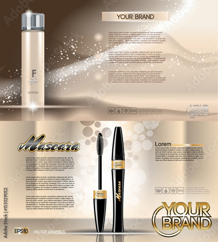 Digital vector golden glass bottle lotion skin tone and mascara mockup, with your brand, ready for print ads or magazine design. Transparent and shine, realistic 3d style