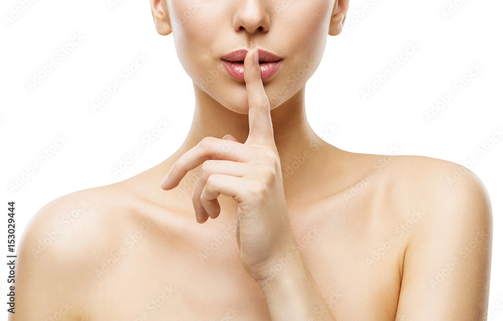 Obraz premium Palec Kobiety na Ustach, Cichy Usta Znak Ciszy, Twarz Uroda i Pielęgnacja Tajemnicy