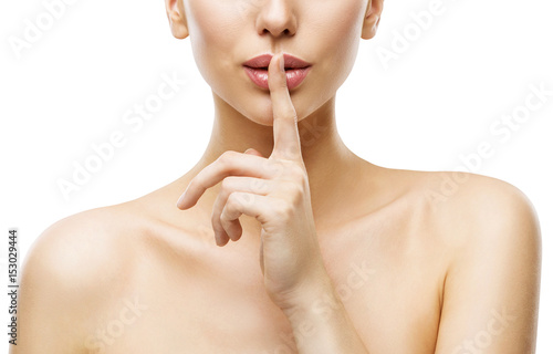 Woman Finger on Mouth, Quiet Lips Silence Sign, Face Beauty and Skin Care Secret photo