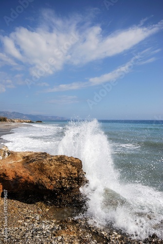 View along the beach and coastline, Torrox Costa, Spain.