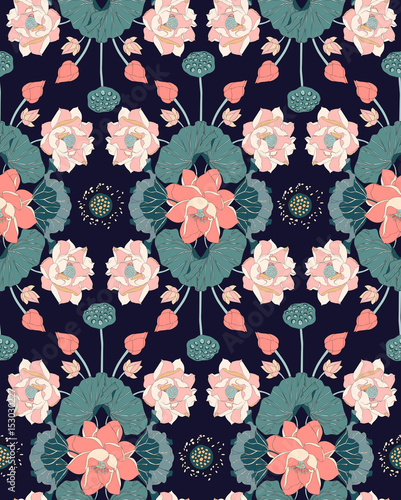 Fototapeta Naklejka Na Ścianę i Meble -  seamless lotus asian vector pattern