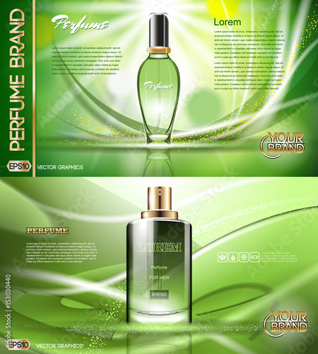 Digital vector green glass perfume for men and women container mockup, with your brand, ready for print ads or magazine design. Transparent and shine, realistic 3d style