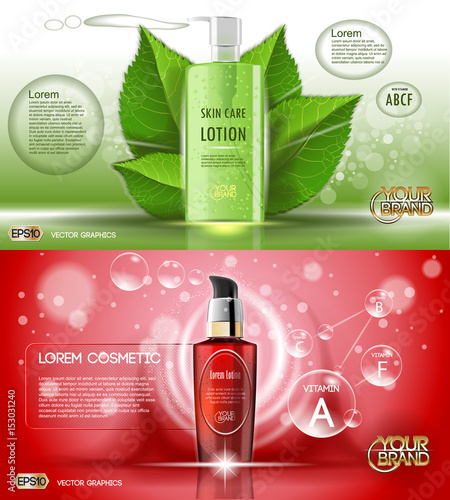 Digital vector red and green glass cosmetic container mockup with bubbles, with your brand, ready for print ads or magazine design. Transparent and shine, realistic 3d style