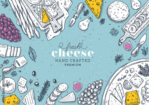 Cheese collection top view illustration. Antipasto table background. Engraved style illustration. Hero image. Vector illustration