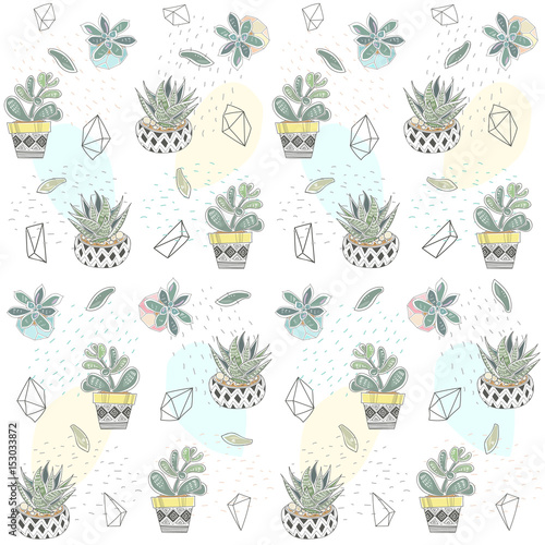 Vector seamless pattern with different succulents in a pots and glass terrariums. Trendy tropical design for textile