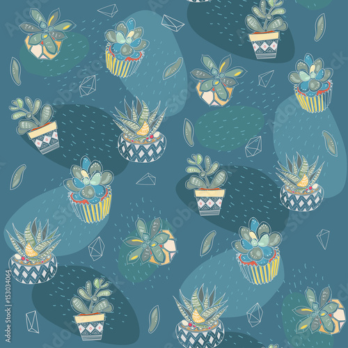 Vector seamless pattern with different succulents in a pots and glass terrariums. Trendy tropical design for textile photo