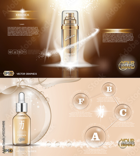 Digital vector golden glass bottle spray essence and creammockup on brown background, with your brand, ready for print ads or magazine design. Transparent and shine, realistic 3d style