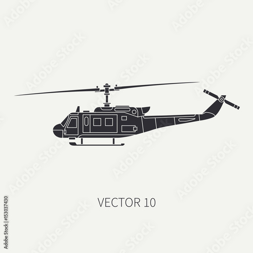 Silhouette. Line flat vector icon military turboprop transportation helicopter. Army equipment and armament. Retro copter. Cartoon. Assault. Soldiers. Illustration, element for your design, wallpaper.