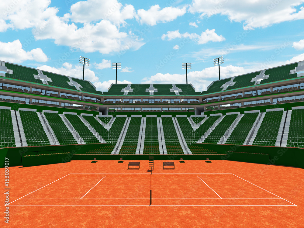 Obraz premium 3d render of beautiful modern tennis clay court grand slam lookalike stadium with green seats for fifteen thousand fans