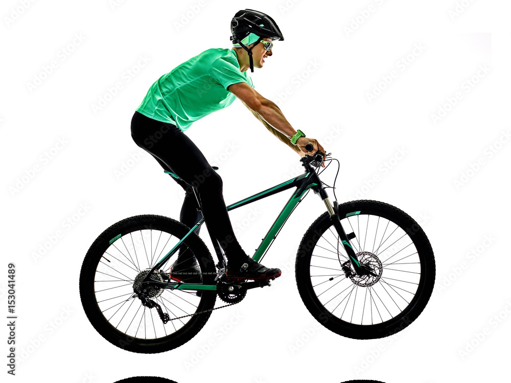 Obraz premium one caucasian man practicing man mountain bike bking isolated on white background with shadows