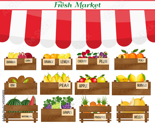 Local vegetable stall. Fresh organic food products shop on shelves. . Agriculture exhibition poster.