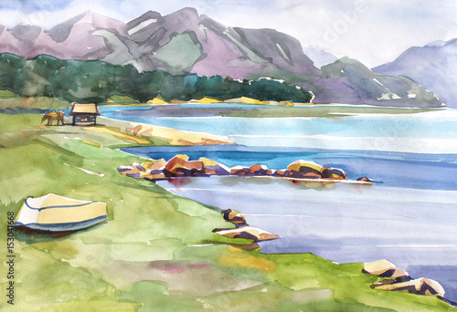 Tern Lake with Mountains. Landscape watercolor painting of snow covered mountains with a lake