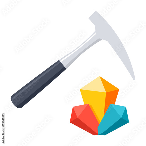 Geology concept with hammer and minerals, vector illustration in flat style