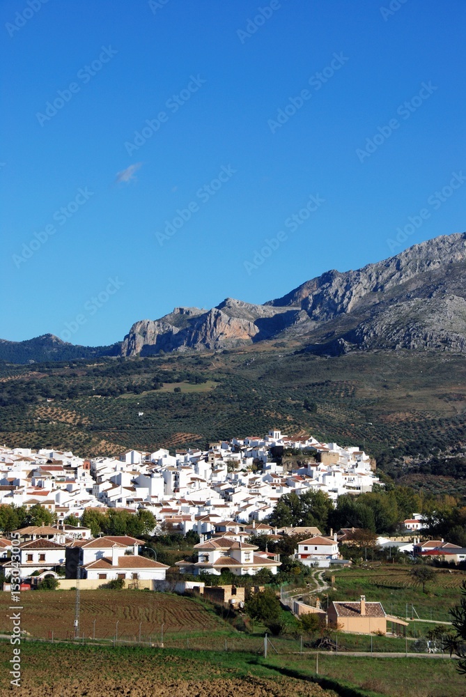 View of the white village and surrounding countryside, El Burgo, Spain.