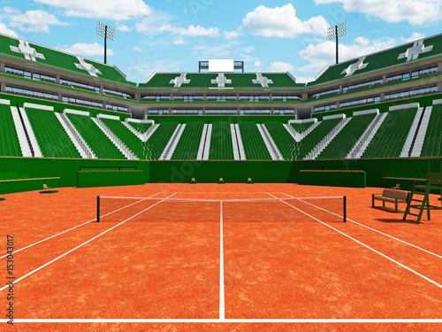 3d render of beautiful modern tennis clay court grand slam lookalike stadium with green seats for fifteen thousand fans