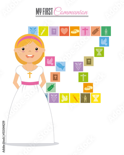 My first communion. Girl with religious icons