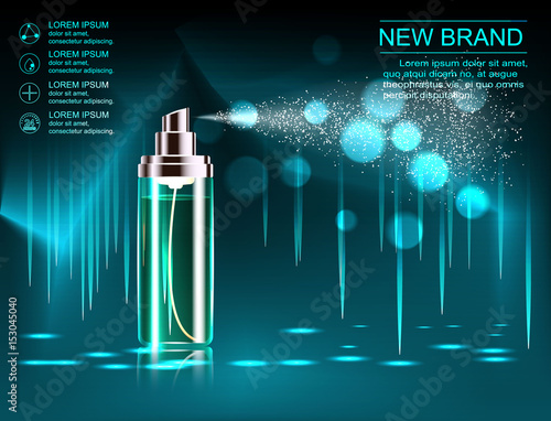 Exquisite cosmetic ads template, blank cosmetic mockup with sparkling bokeh background and dazzling effect, cosmetic spray bottle, tube.
